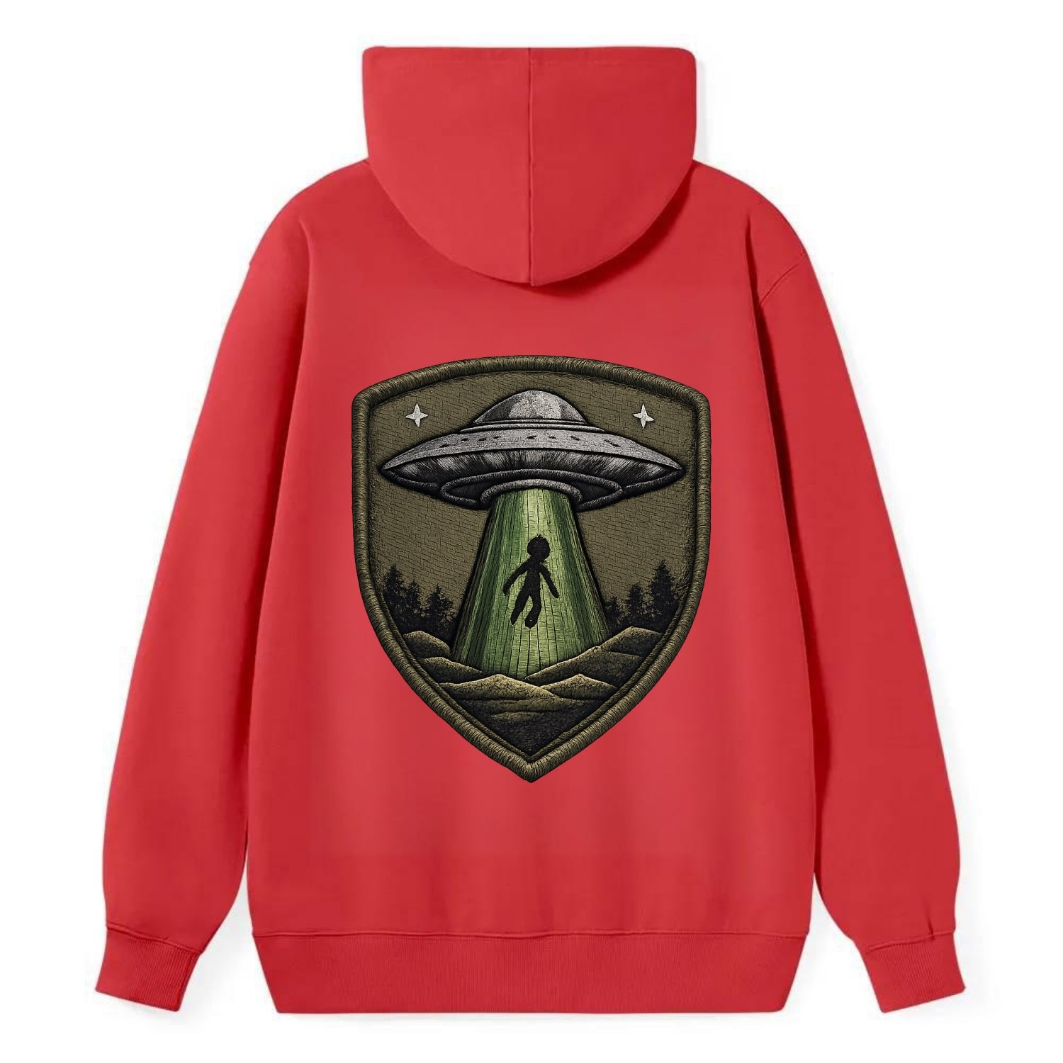 UFO ALIEN - flying saucer with beam in silver and green , extraterrestrial - Classic Pullover Hoodie - Red