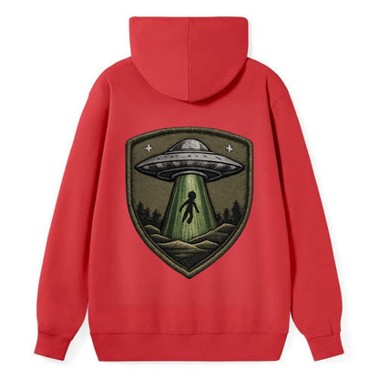 UFO ALIEN - flying saucer with beam in silver and green , extraterrestrial - Classic Pullover Hoodie - Red