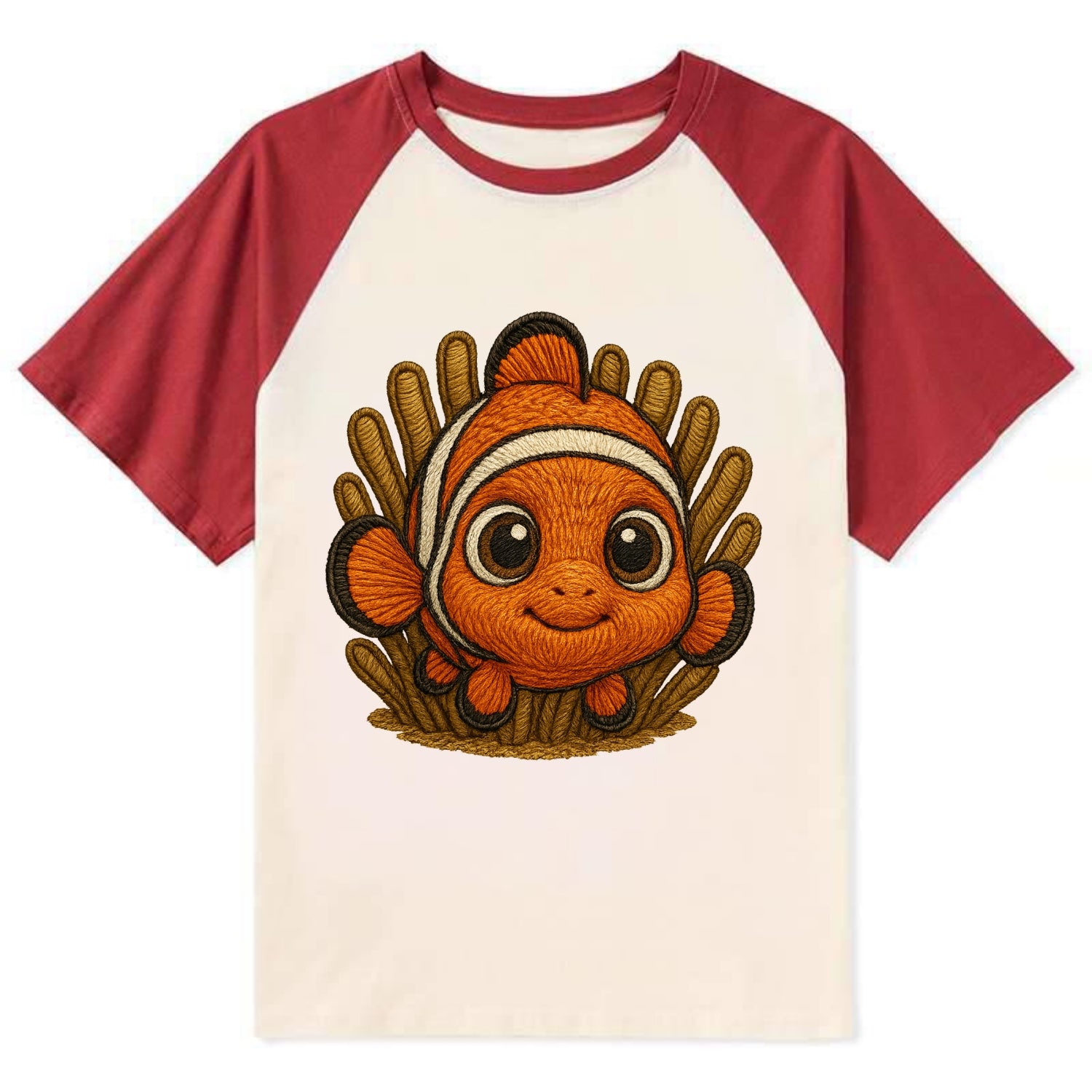Baby Clownfish - orange with white stripes, big round eyes, front-facing - Contrast Raglan T-shirt - Red