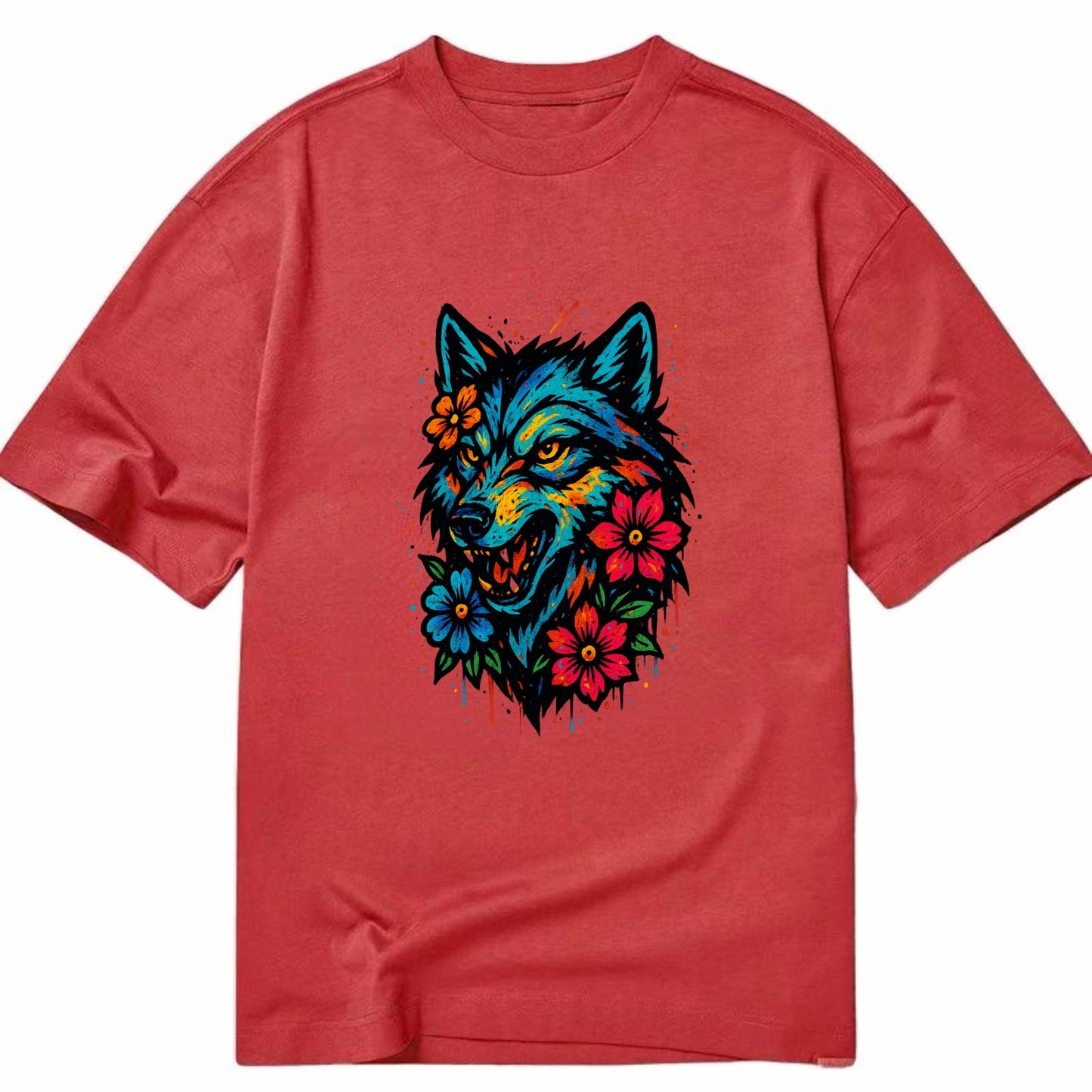 Floral Wolf Garden  - Classic T-shirt - Red