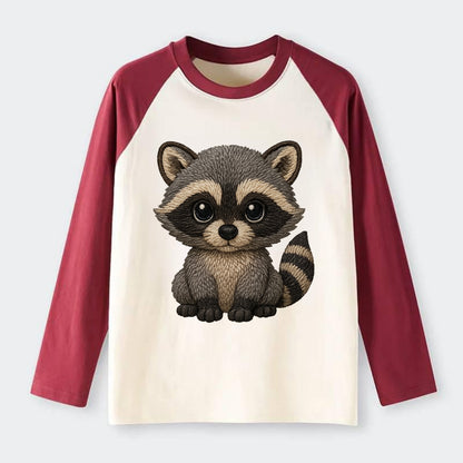 Baby Raccoon - gray fur, black mask, ringed tail, bright curious eyes, - Raglan Long Sleeve T-Shirt - Red