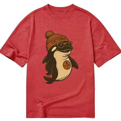 Victoria Orca wearing Victoria beanie with pom pom and wayfarer sunglasses - Classic T-shirt - Red
