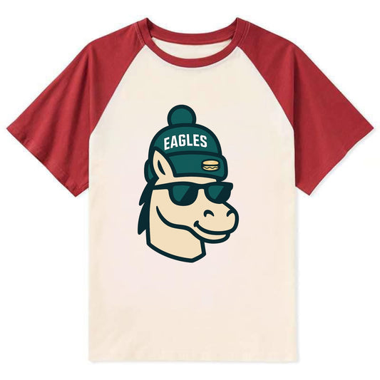 Philadelphia Horse wearing Eagles beanie with cheesesteak patch and - Contrast Raglan T-shirt - Red