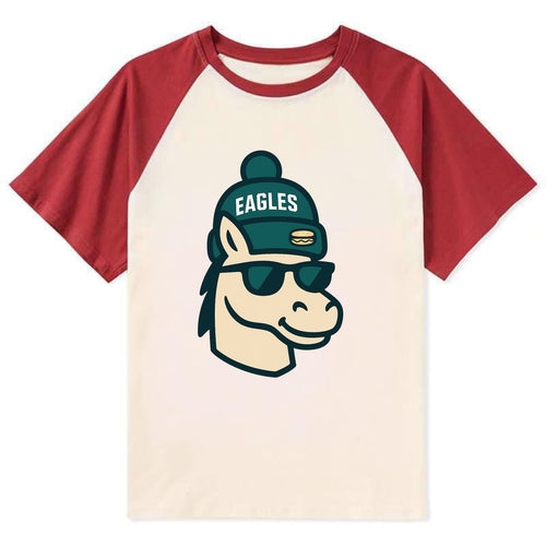 Philadelphia Horse wearing Eagles beanie with cheesesteak patch and - Contrast Raglan T-shirt