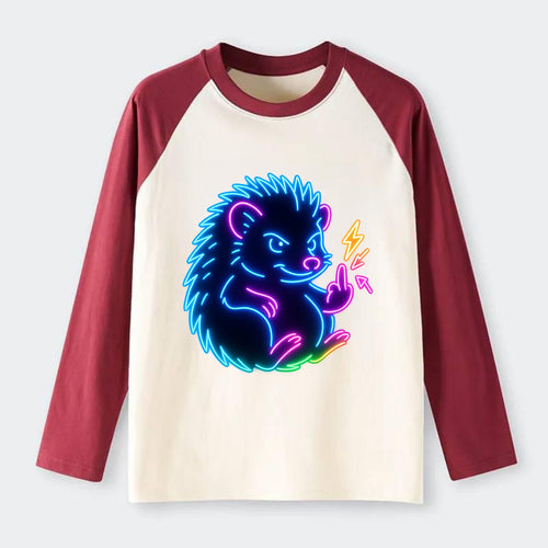 tiny hedgehog curled up slightly, one little paw raised flipping the - Raglan Long Sleeve T-Shirt