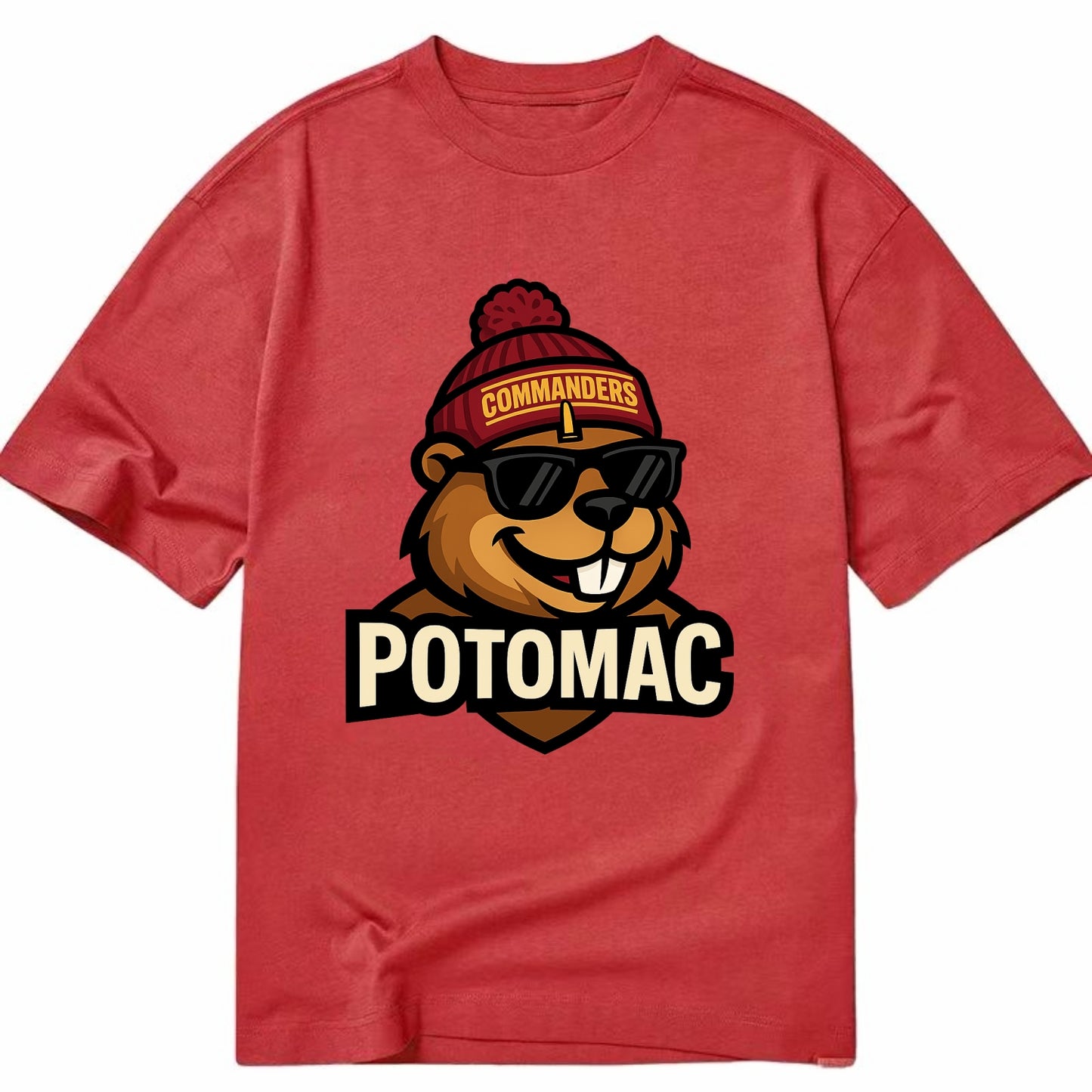 Potomac Beaver wearing Commanders beanie with monument patch and wayfarer - Classic T-shirt - Red
