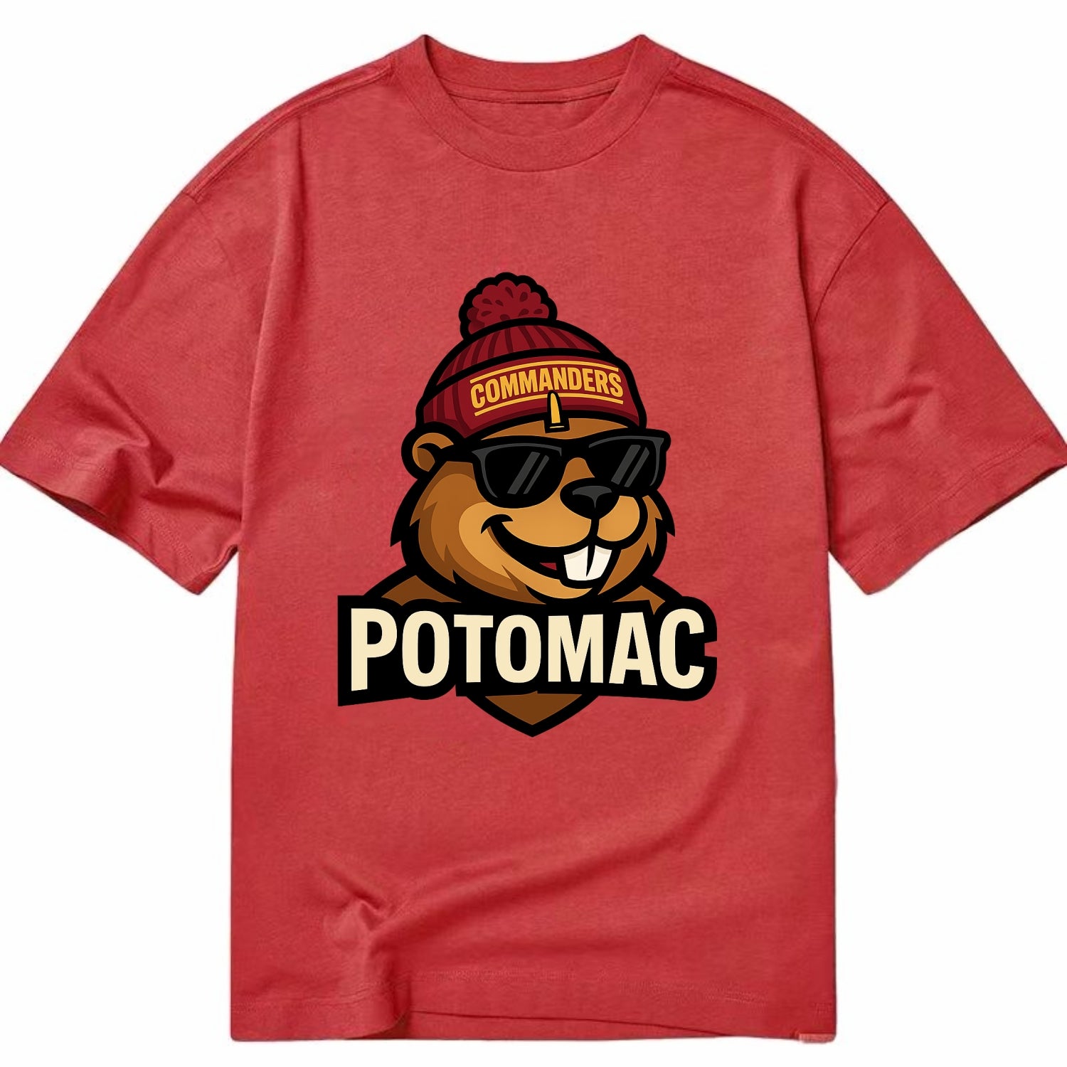 Potomac Beaver wearing Commanders beanie with monument patch and wayfarer - Classic T-shirt - Red
