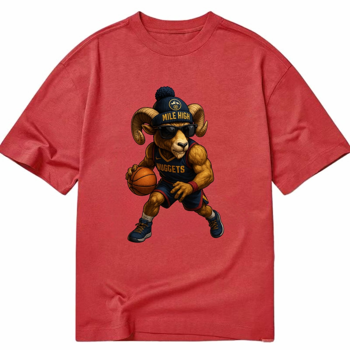 Mile High Bighorn wearing Nuggets beanie with mountain patch and wayfarer - Classic T-shirt - Red