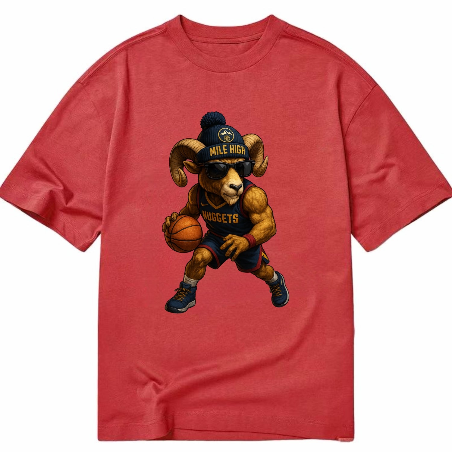 Mile High Bighorn wearing Nuggets beanie with mountain patch and wayfarer - Classic T-shirt - Red