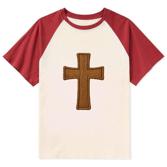 Carved Cross  - Contrast Raglan T-shirt - Red
