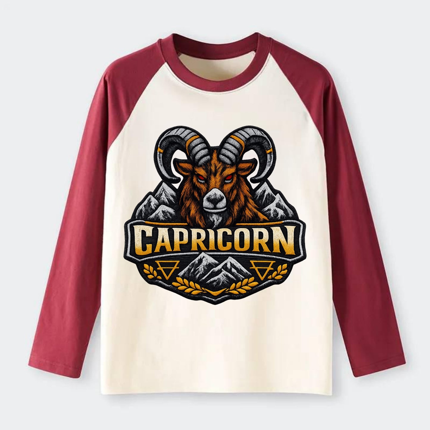 CAPRICORN GOAT - mountain goat in brown and gray , earth sign - Raglan Long Sleeve T-Shirt - Red