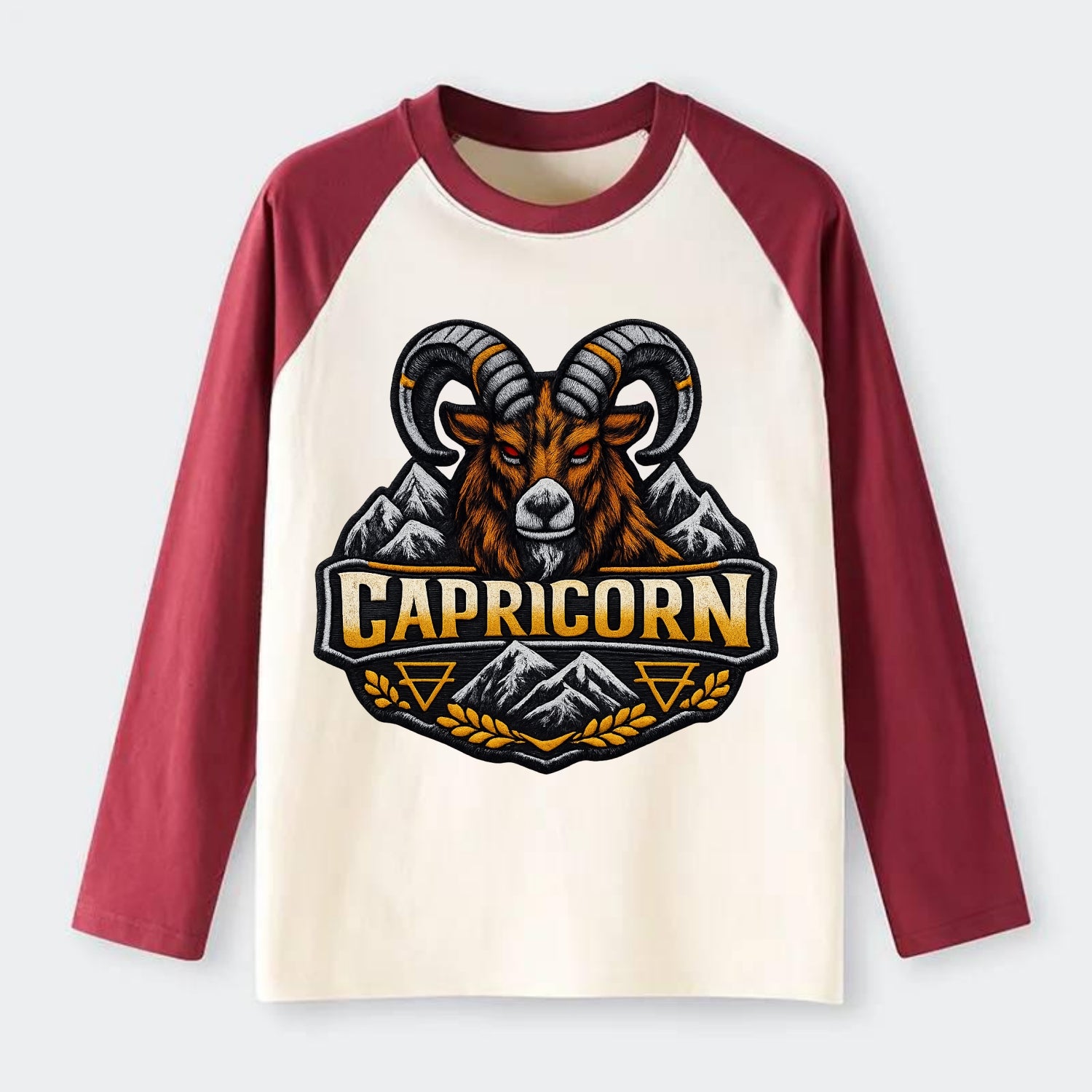 CAPRICORN GOAT - mountain goat in brown and gray , earth sign - Raglan Long Sleeve T-Shirt - Red