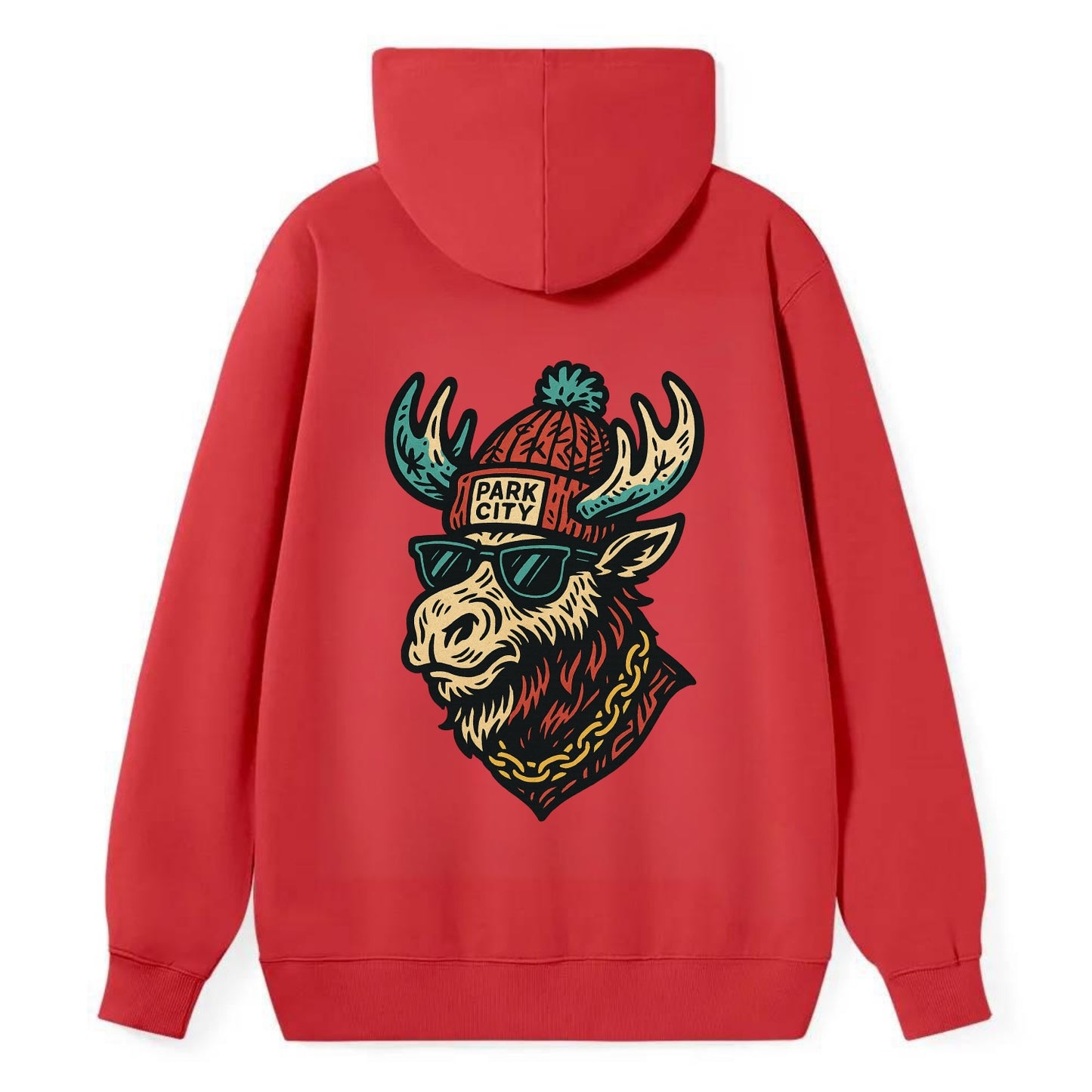 Park City Moose wearing Park City beanie with pom pom and wayfarer - Classic Pullover Hoodie - Red