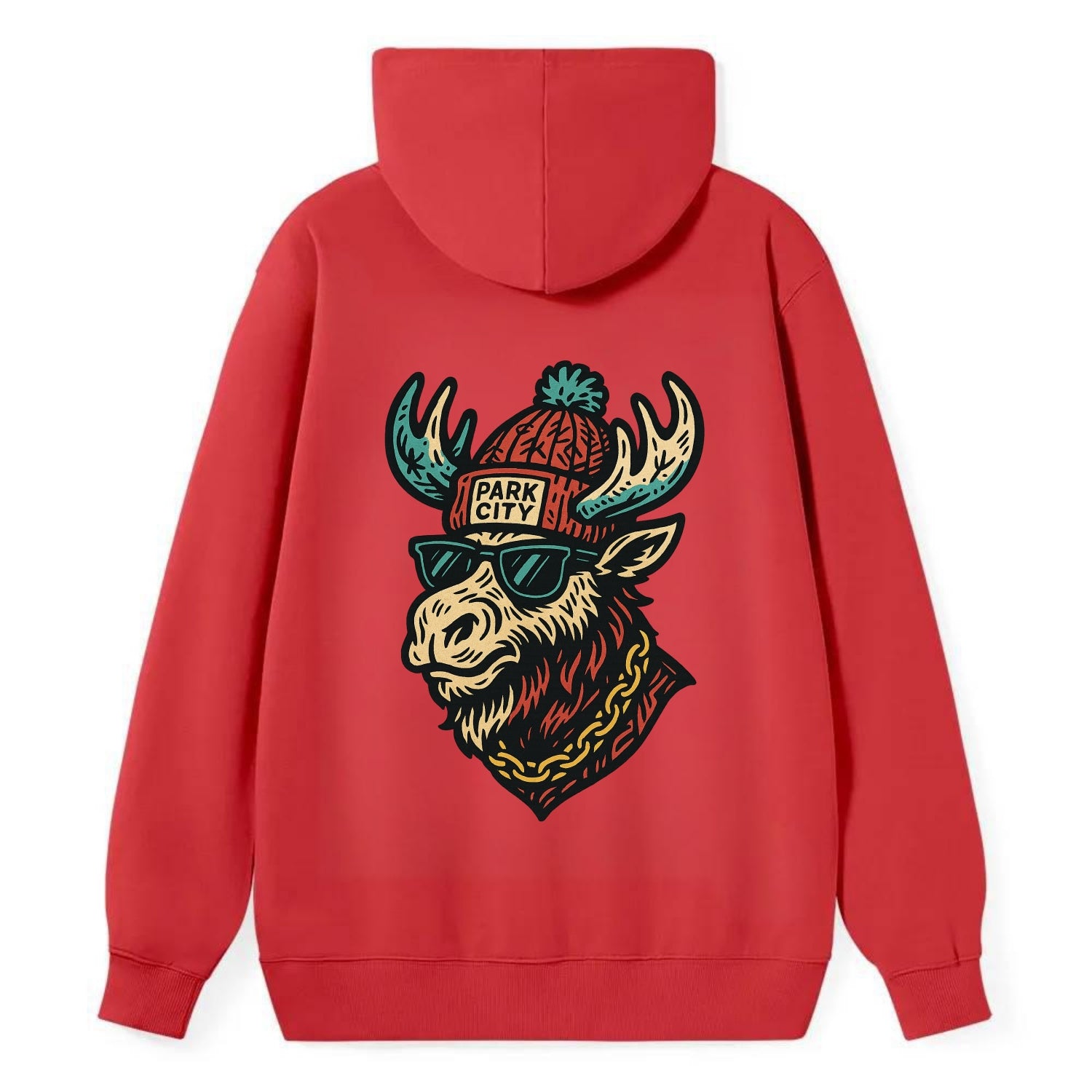 Park City Moose wearing Park City beanie with pom pom and wayfarer - Classic Pullover Hoodie - Red