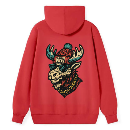 Park City Moose wearing Park City beanie with pom pom and wayfarer - Classic Pullover Hoodie - Red