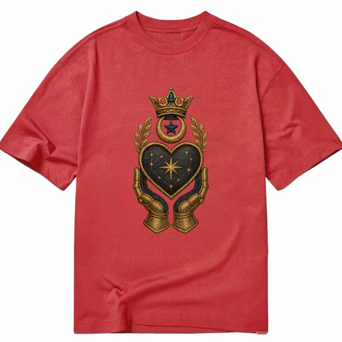 Crowned heart with Art Deco sunburst crown and geometric filigree hands cradling - Classic T-shirt - Red