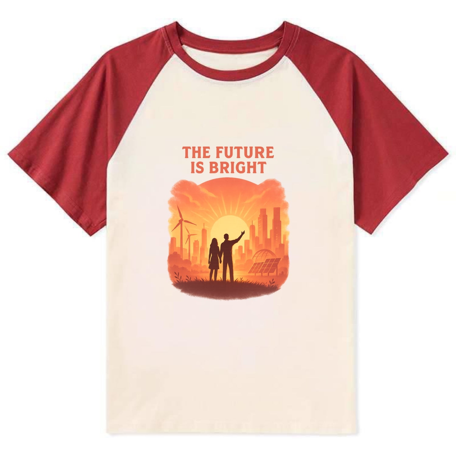 Sunrise over thriving sustainable city - "The Future is Bright" - - Contrast Raglan T-shirt - Red