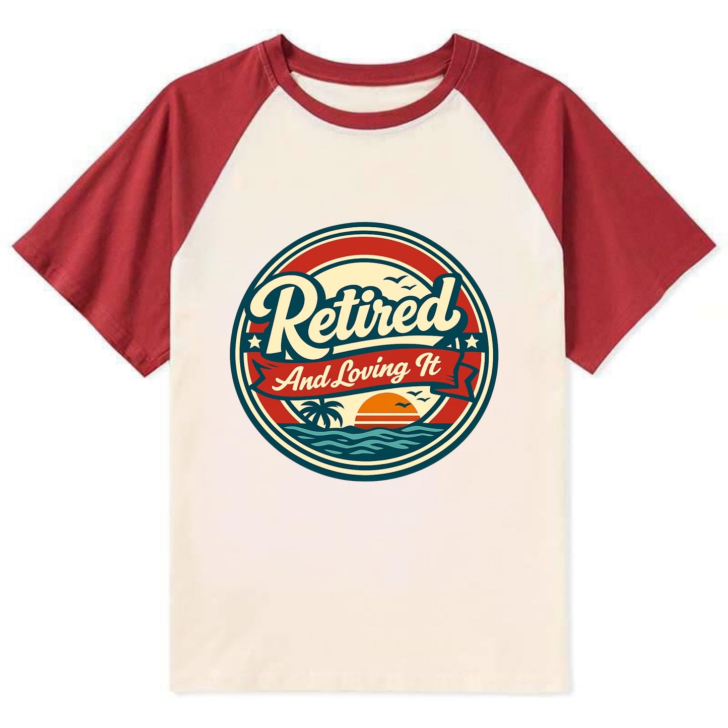 Carefree Retirement Emblem - Contrast Raglan T-shirt - Red