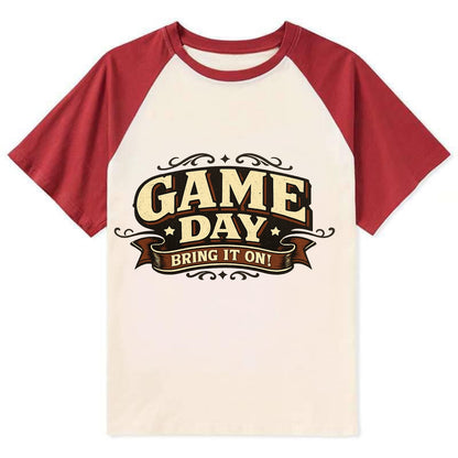 Bold typography design - "GAME DAY" - competition ready, bring it on - Contrast Raglan T-shirt - Red