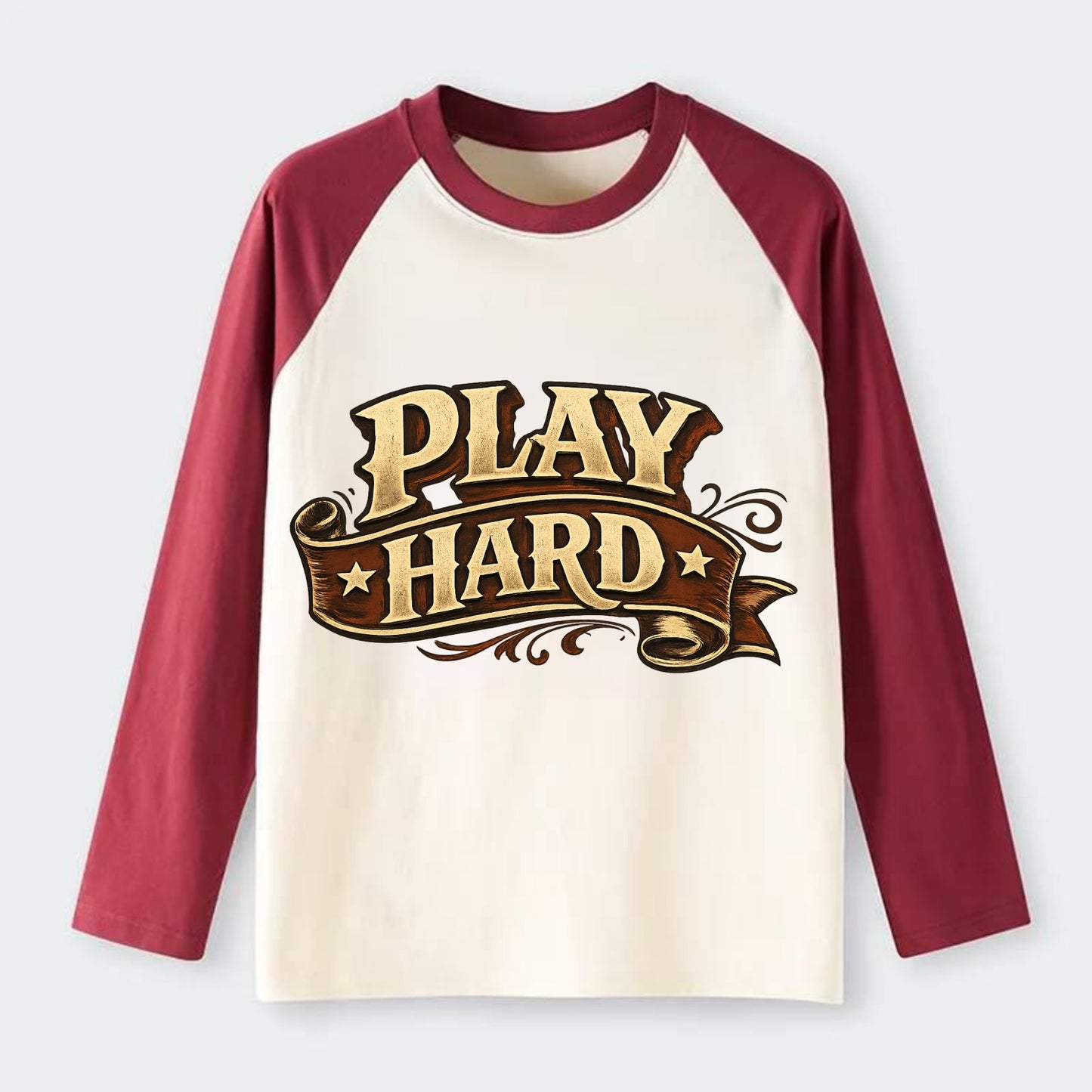Bold typography design - "PLAY HARD" - giving your all, full effort - Raglan Long Sleeve T-Shirt - Red