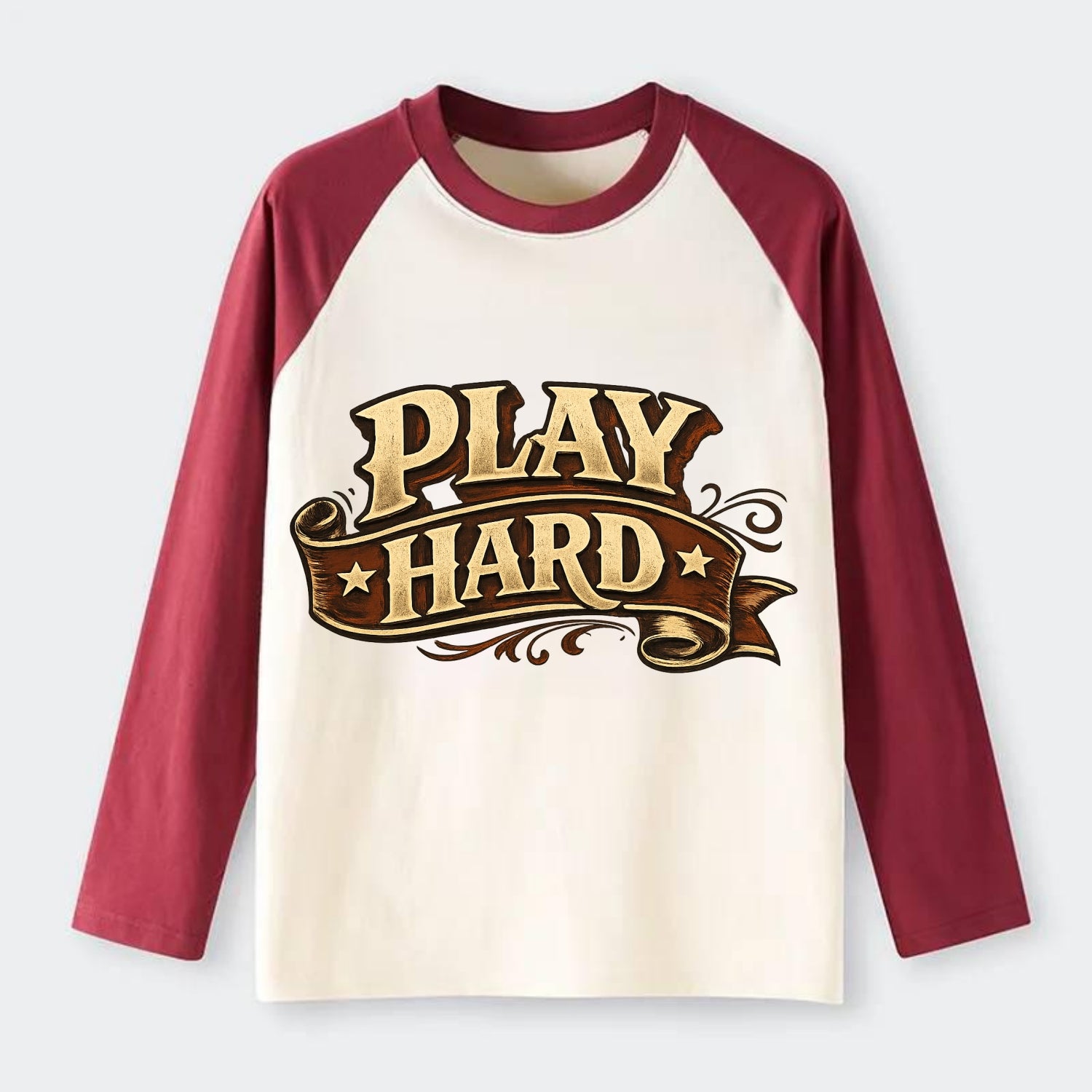 Bold typography design - "PLAY HARD" - giving your all, full effort - Raglan Long Sleeve T-Shirt - Red