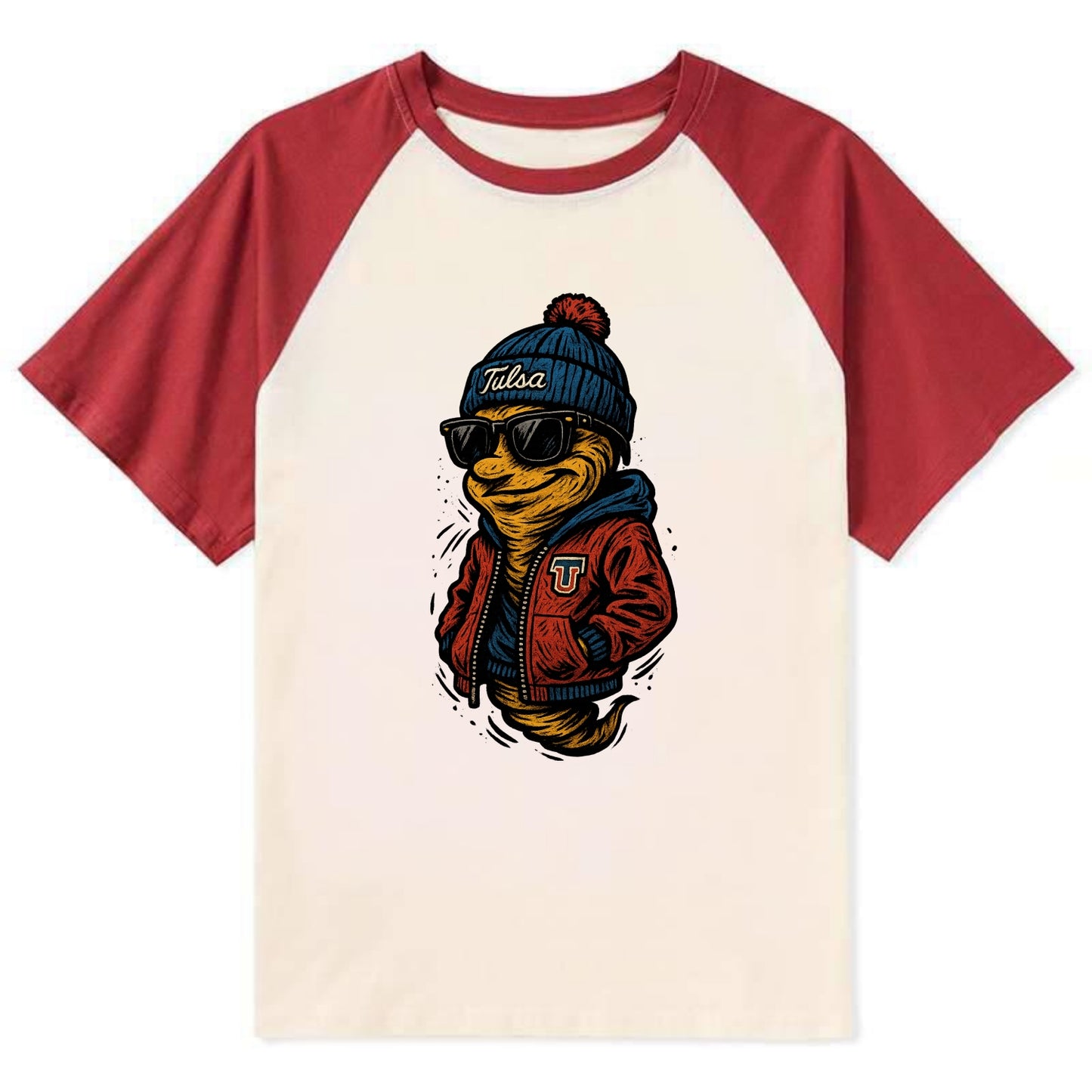 Tulsa Hurricane wearing Tulsa beanie with TU patch - Contrast Raglan T-shirt - Red