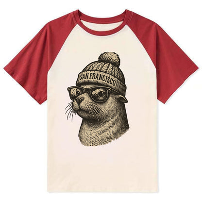San Francisco Sea Lion wearing San Francisco beanie with pom pom and - Contrast Raglan T-shirt - Red