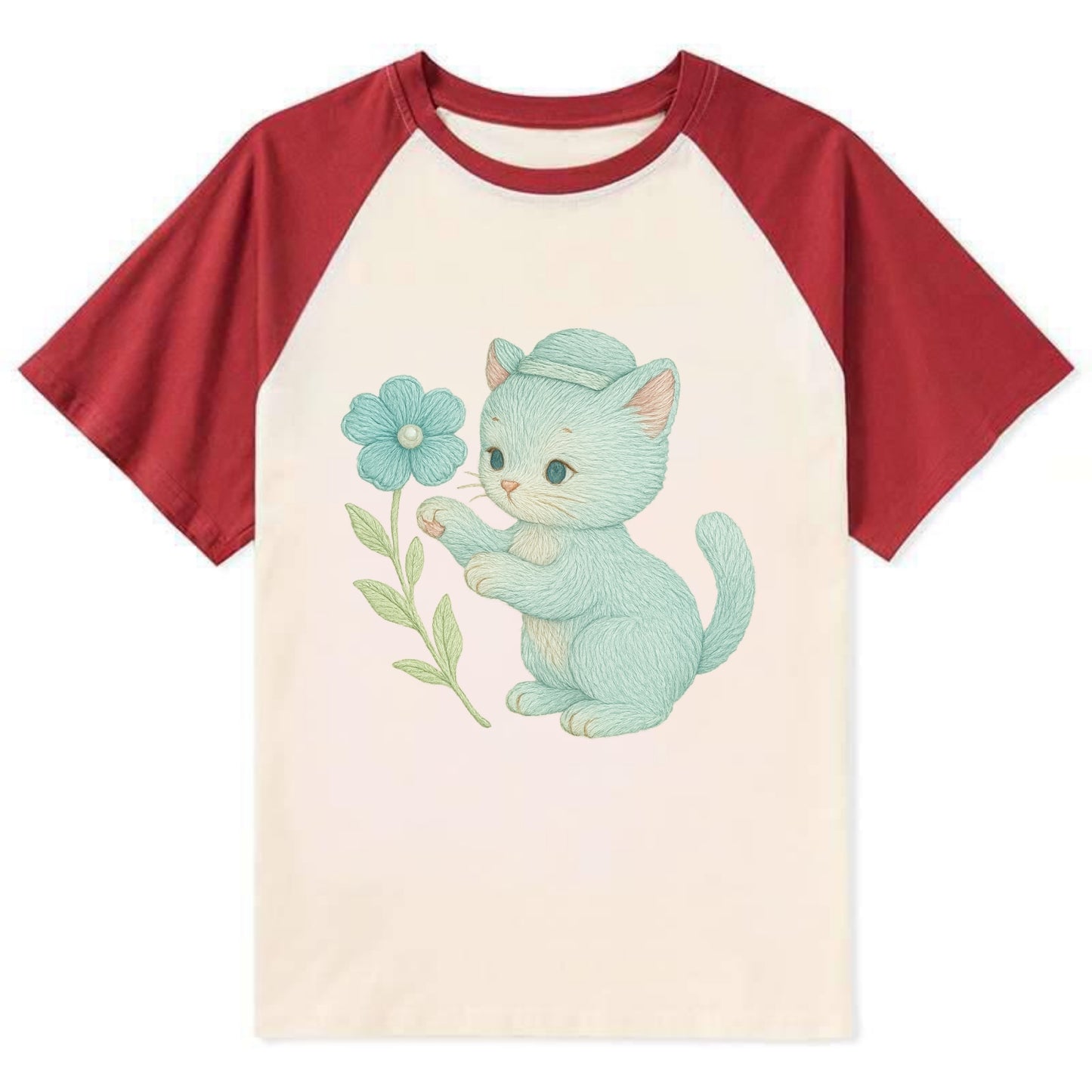 Aqua Kitten - Contrast Raglan T-shirt - Red