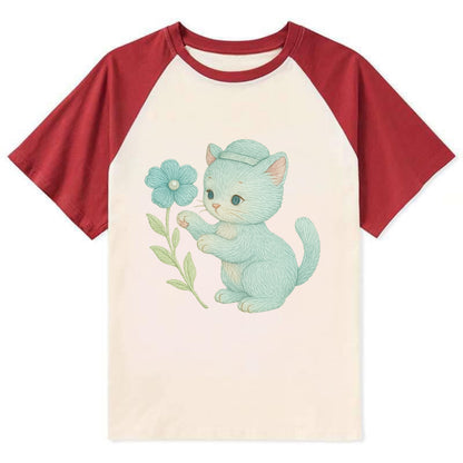 Aqua Kitten - Contrast Raglan T-shirt - Red