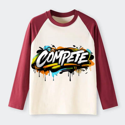 Bold typography design - "COMPETE" - competitive spirit, love the game - Raglan Long Sleeve T-Shirt - Red