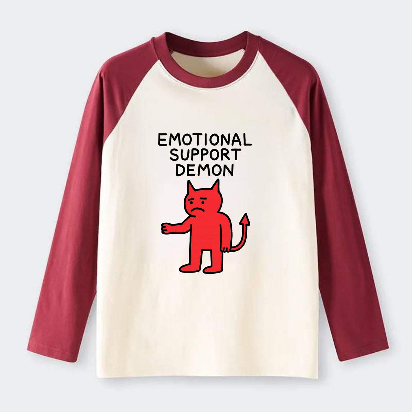 EMOTIONAL SUPPORT DEMON | Devil caring reluctantly - Raglan Long Sleeve T-Shirt - Red