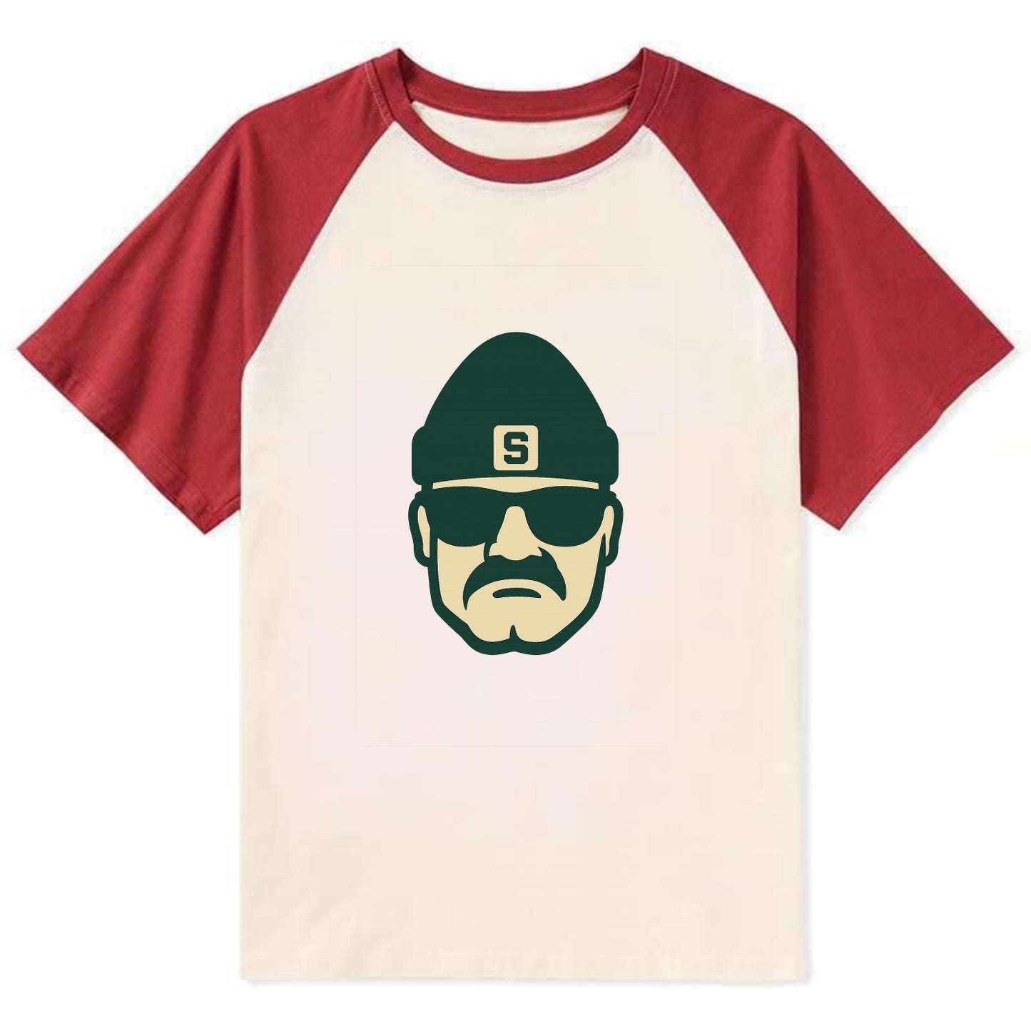 East Lansing Spartan wearing Michigan State beanie with S patch - Contrast Raglan T-shirt - Red