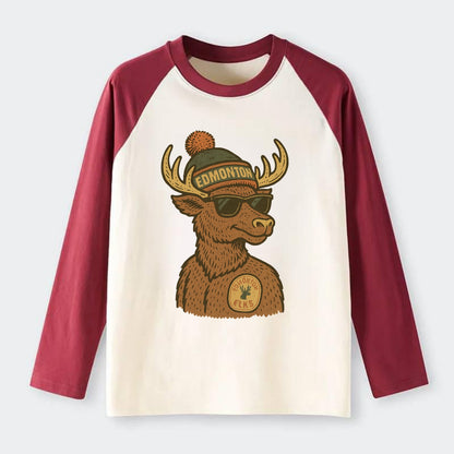 Edmonton Elk wearing Edmonton beanie with pom pom and wayfarer - Raglan Long Sleeve T-Shirt - Red