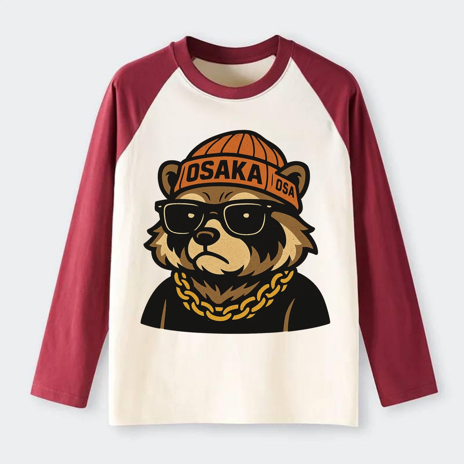 Osaka Tanuki - Raglan Long Sleeve T-Shirt - Red