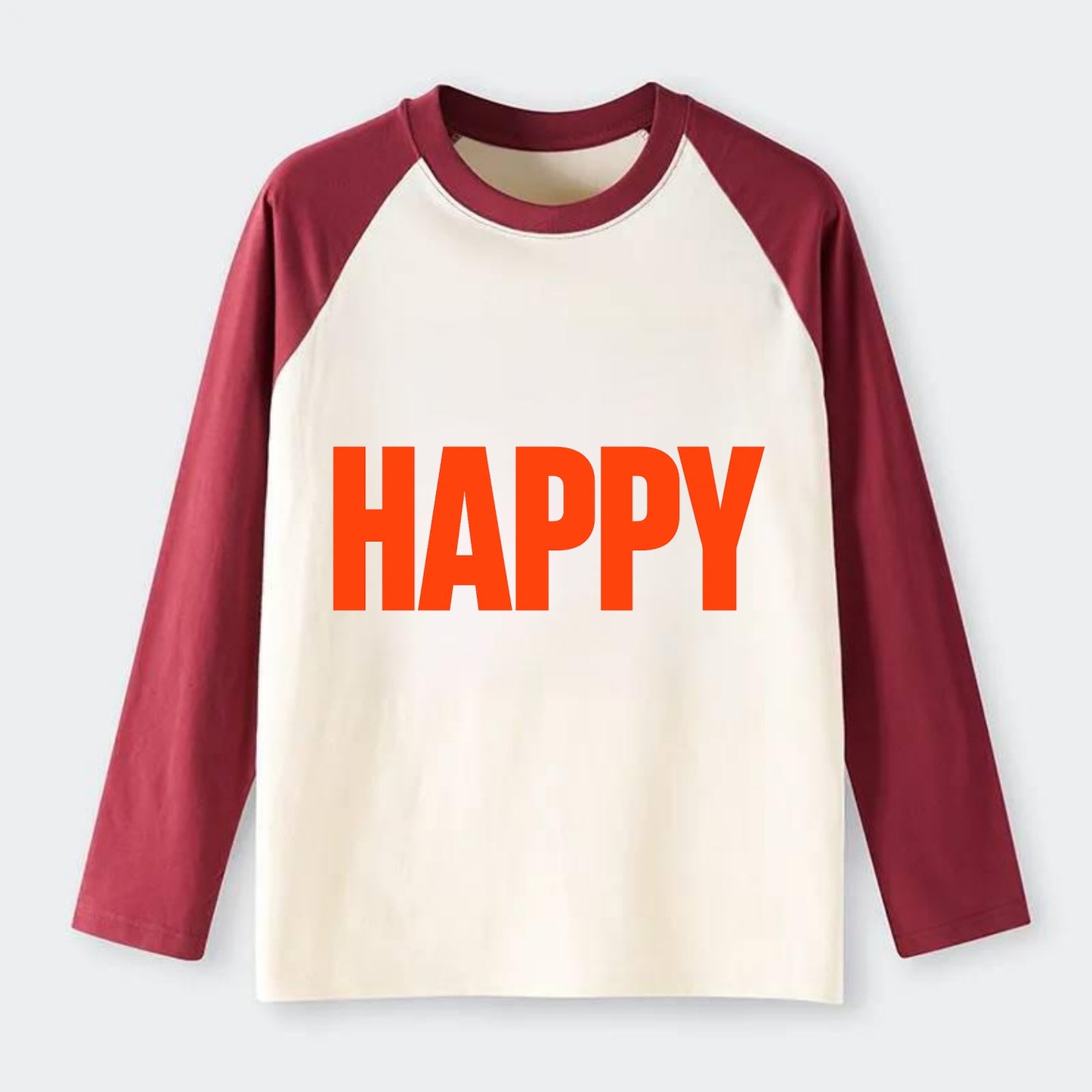 Bold typography design - "HAPPY" - joyful, content, pleased - Raglan Long Sleeve T-Shirt - Red
