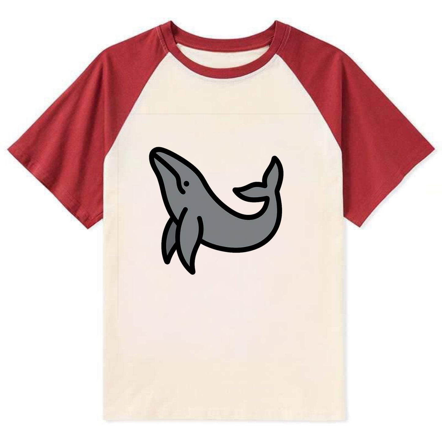 Humpback Whale - Gray breaching pose flat side profile - Contrast Raglan T-shirt - Red