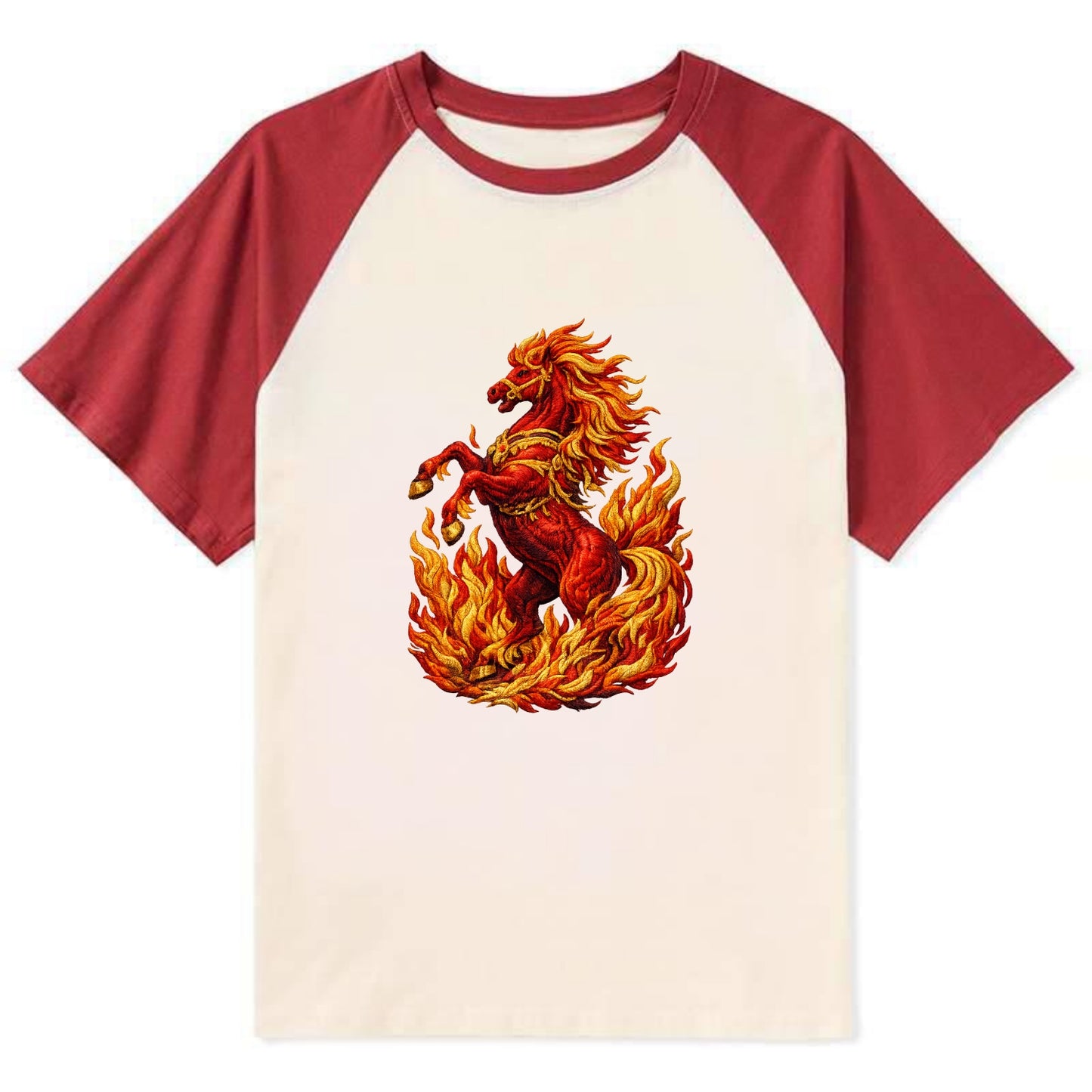 VICTORY BLAZE | Triumphant rearing horse in flames | Achievement - Contrast Raglan T-shirt - Red