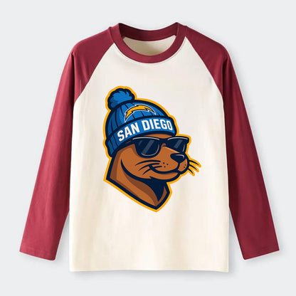 San Diego Sea Lion wearing Chargers beanie with bolt patch and - Raglan Long Sleeve T-Shirt - Red