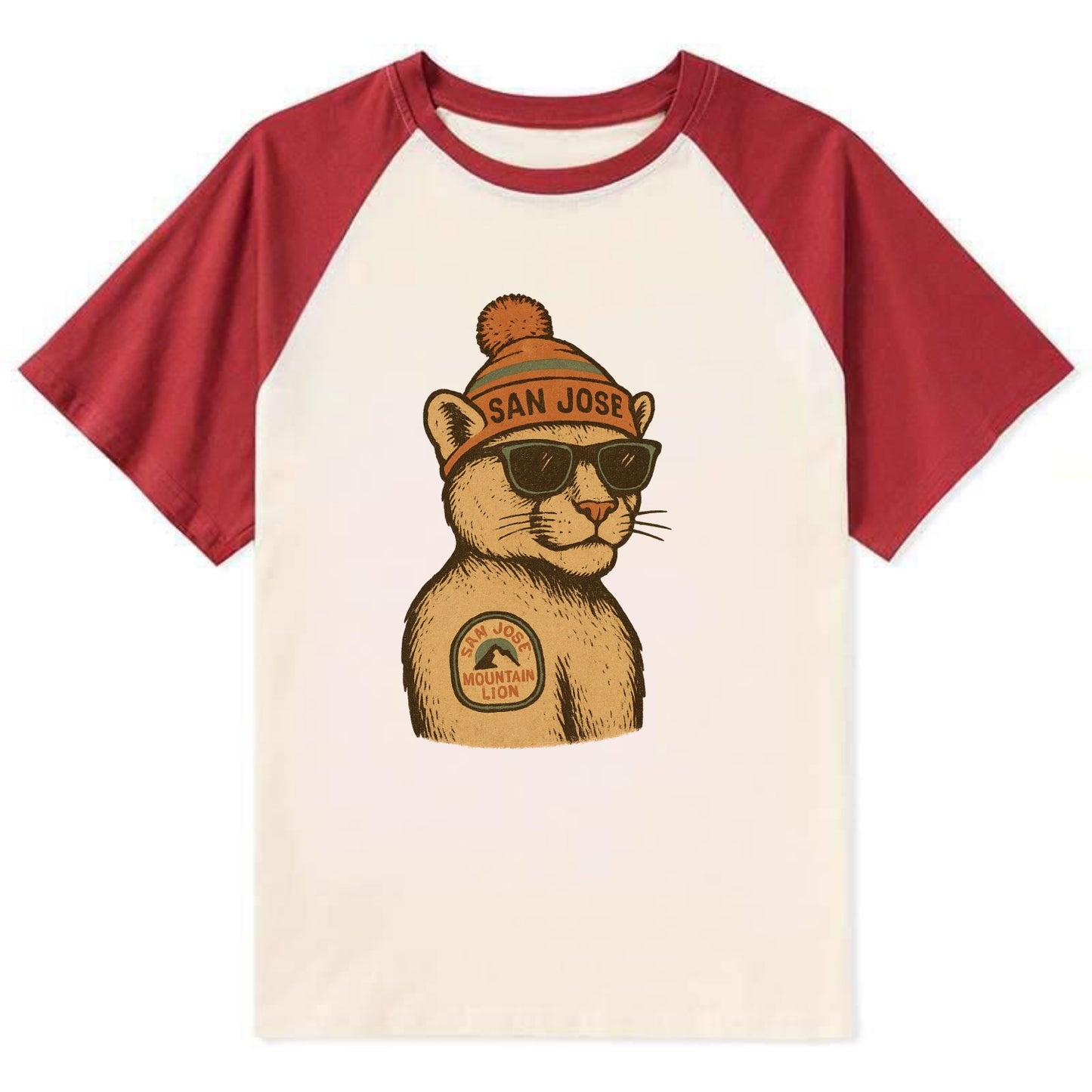 San Jose Mountain Lion wearing San Jose beanie with pom pom and wayfarer - Contrast Raglan T-shirt - Red