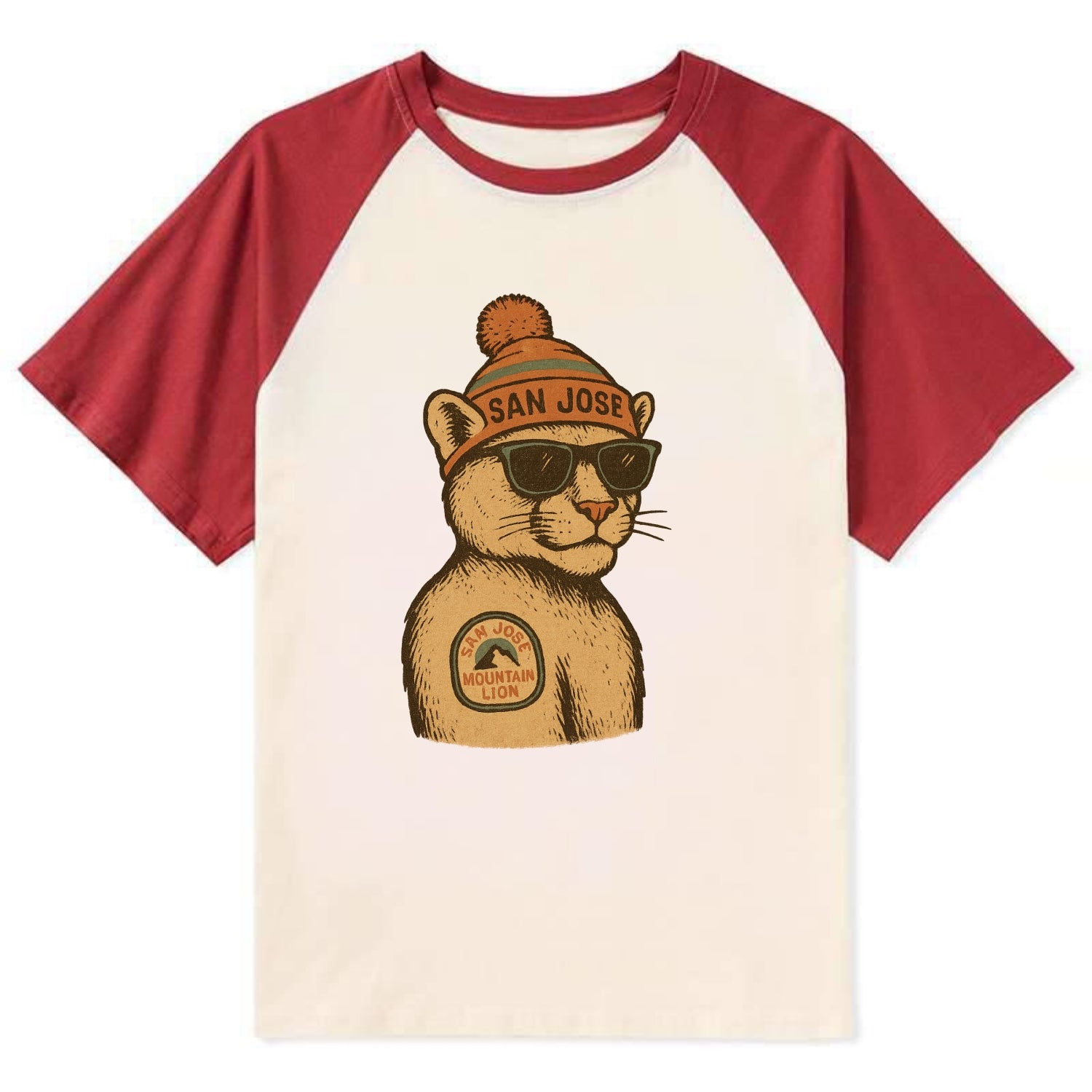 San Jose Mountain Lion wearing San Jose beanie with pom pom and wayfarer - Contrast Raglan T-shirt - Red