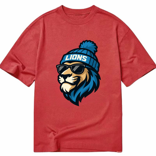 Detroit Lion wearing Lions Honolulu blue and silver beanie with pom pom and - Classic T-shirt