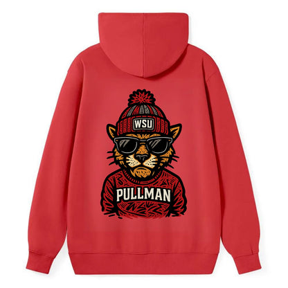 Pullman Cougar wearing Washington State beanie with WSU patch - Classic Pullover Hoodie - Red