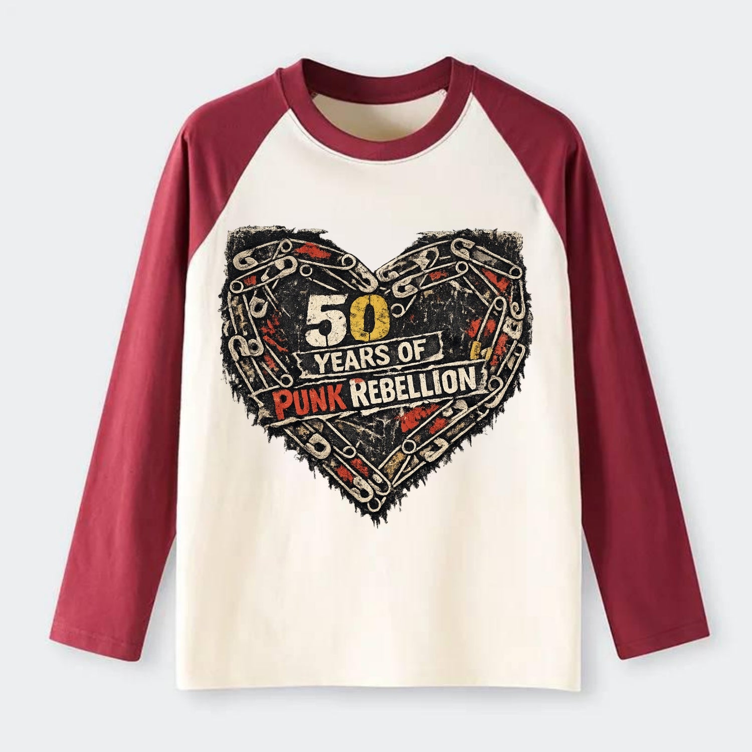SAFETY PIN LOVE | Heart made of safety pins | Punk romance | DIY - Raglan Long Sleeve T-Shirt - Red