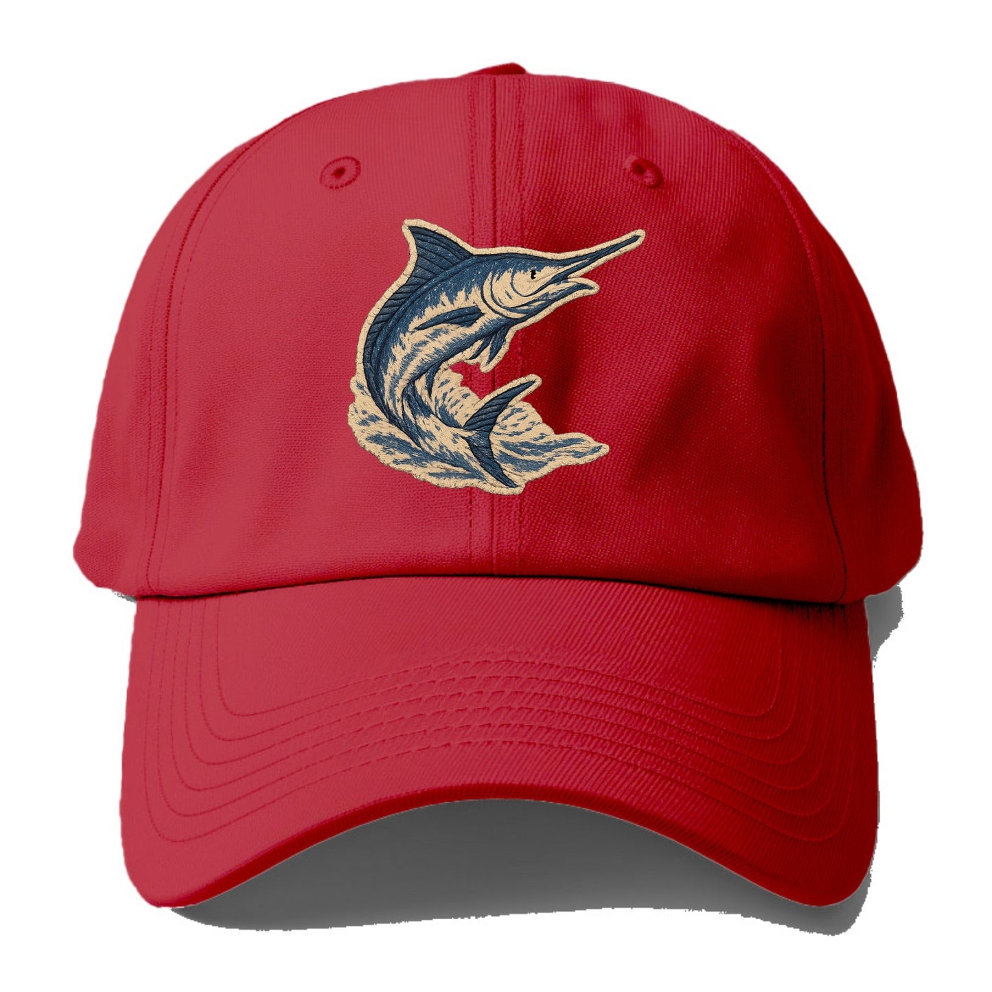 SWORDFISH MARLIN - leaping marlin in blue and silver , sport fishing - Baseball Cap - Red