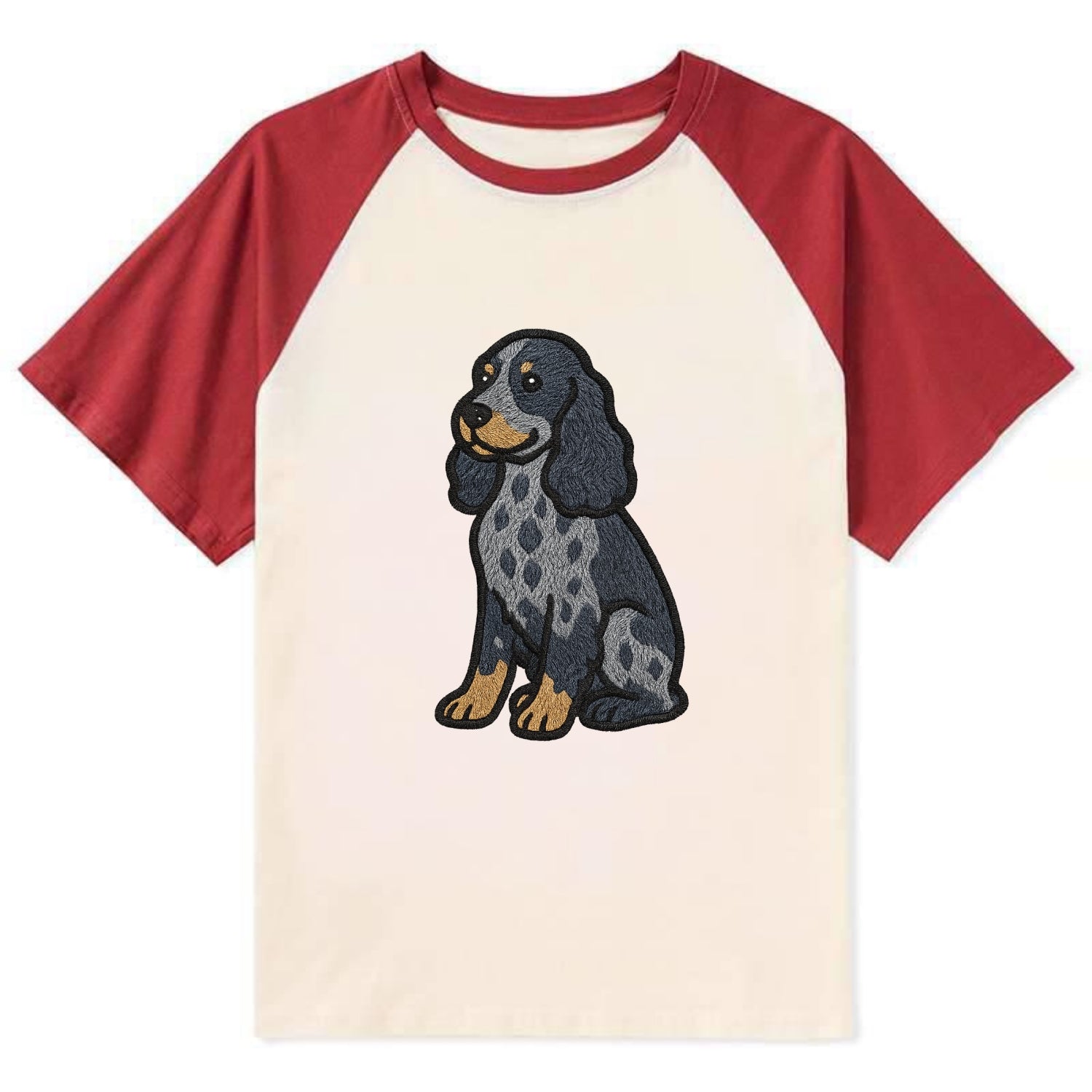 English Cocker Spaniel - Blue roan embroidered sitting pose - Contrast Raglan T-shirt - Red