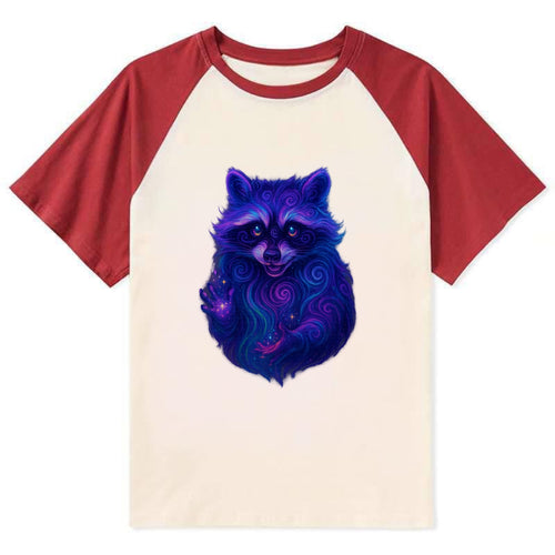 Playful raccoon with mask swirling in hypnotic patterns, neon purple and - Contrast Raglan T-shirt