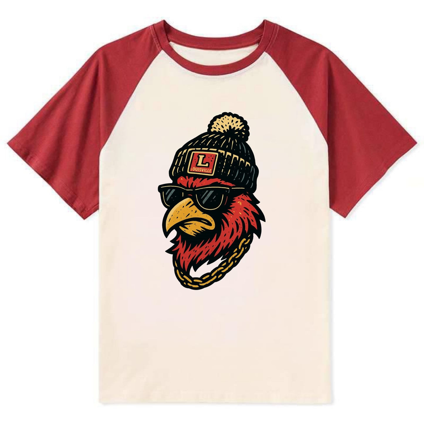 Louisville Cardinal wearing Louisville beanie with L patch - Contrast Raglan T-shirt - Red