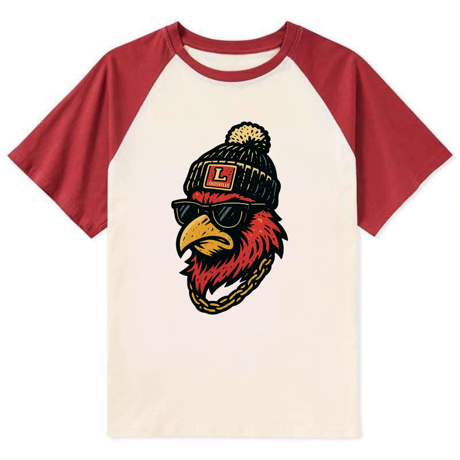Louisville Cardinal wearing Louisville beanie with L patch - Contrast Raglan T-shirt - Red