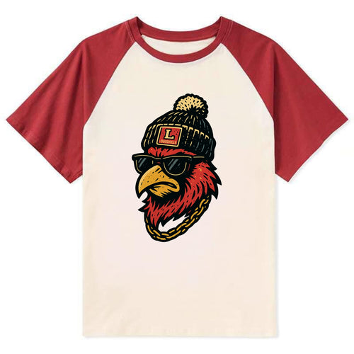 Louisville Cardinal wearing Louisville beanie with L patch - Contrast Raglan T-shirt