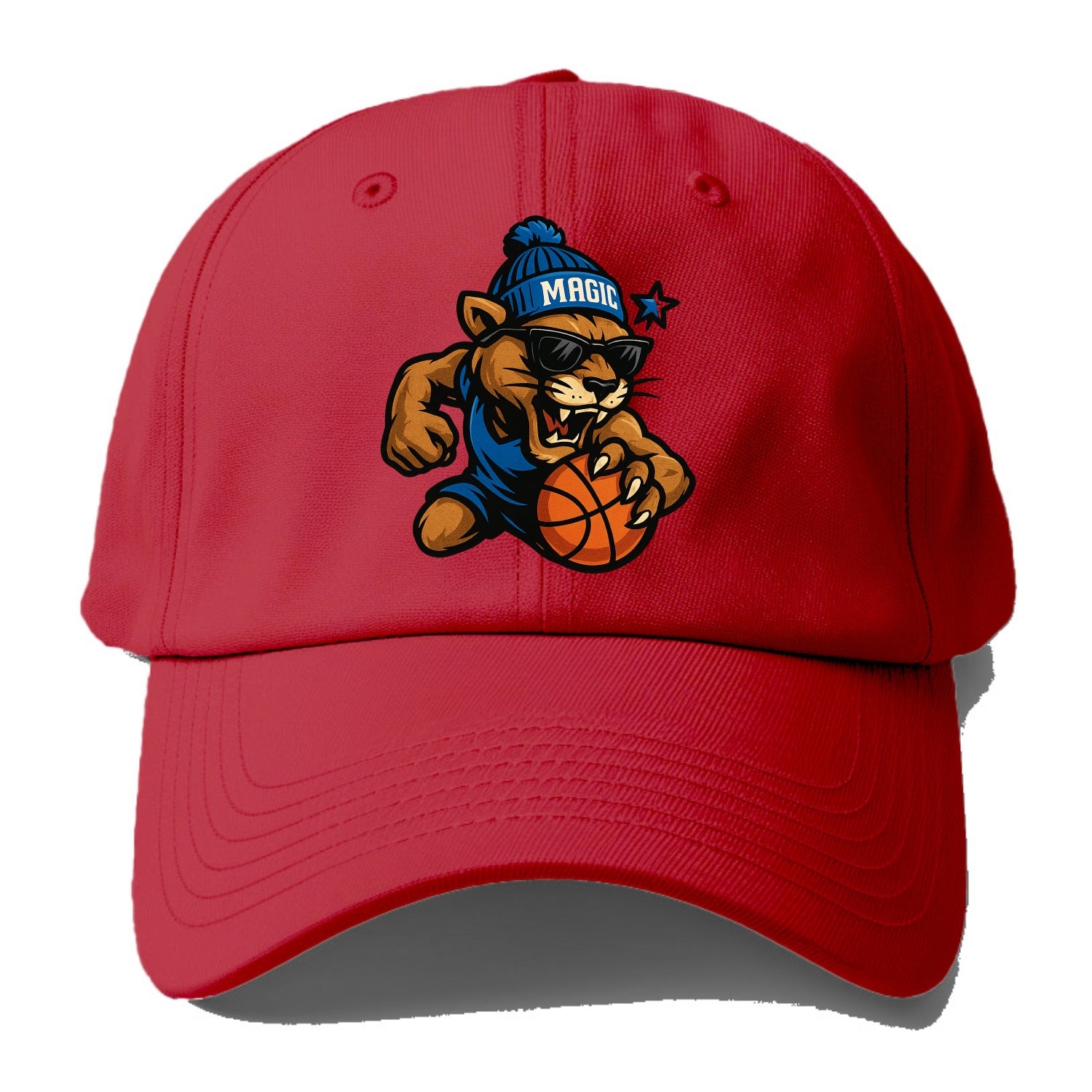 Florida Panther wearing Magic beanie with star wand patch and wayfarer sunglasses - Baseball Cap - Red